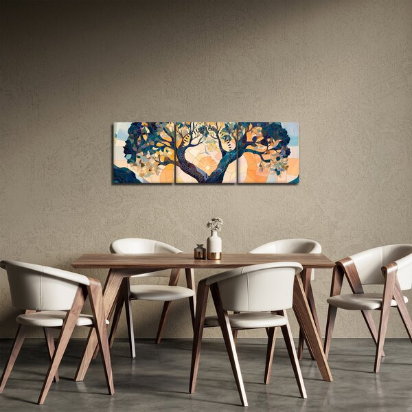 Obraz – Mozaika – słońce i drzewo II. (z zegarem) (90x30 cm)