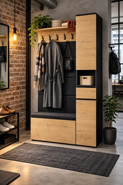 Garderoba do przedpokoju z szafką na buty i półką dąb artisan + czarny W6-G44