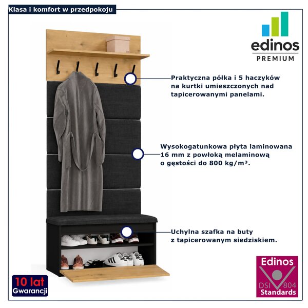 Garderoba do przedpokoju z szafką na buty i półką dąb artisan + czarny W6-G44