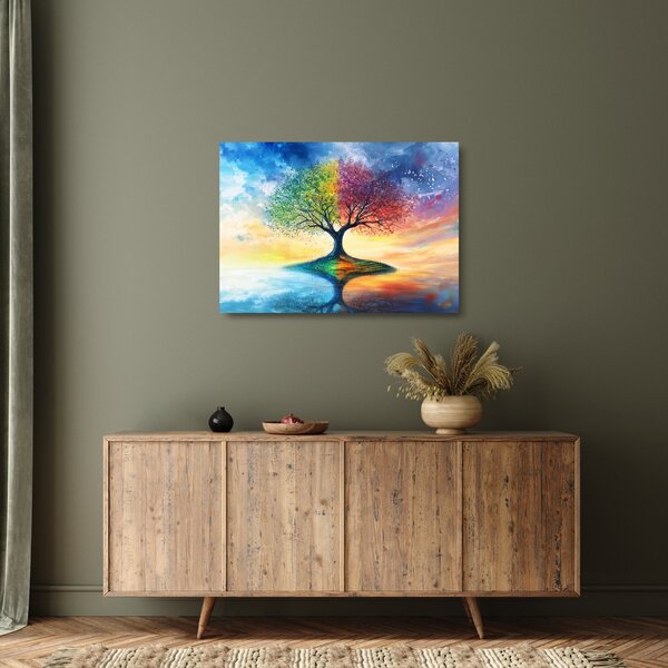 Obraz na szkle – Malowane drzewo czterech pór roku (70x50 cm)