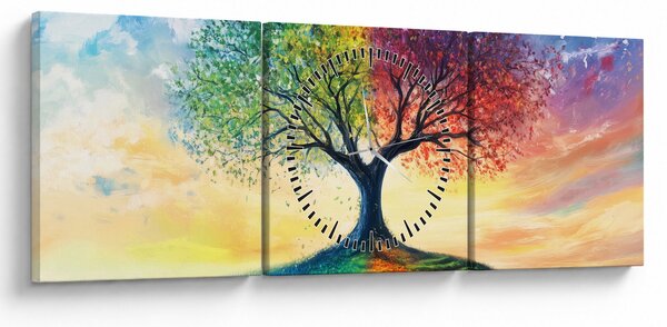 Obraz – Malowane drzewo czterech pór roku (z zegarem) (90x30 cm)