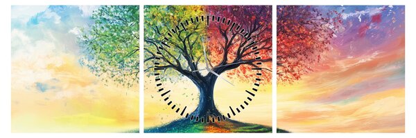 Obraz – Malowane drzewo czterech pór roku (z zegarem) (90x30 cm)