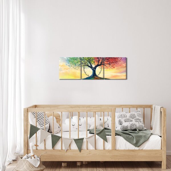 Obraz – Malowane drzewo czterech pór roku (z zegarem) (90x30 cm)
