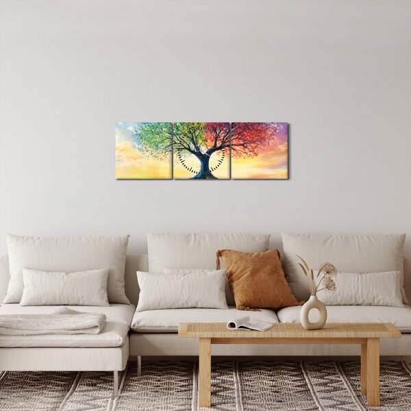Obraz – Malowane drzewo czterech pór roku (z zegarem) (90x30 cm)