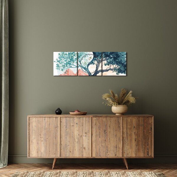 Obraz – Akwarelowe drzewo pełne życia (z zegarem) (90x30 cm)