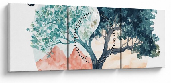 Obraz – Akwarelowe drzewo pełne życia (z zegarem) (90x30 cm)