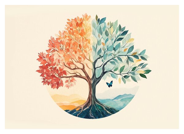 Obraz na szkle – Podwójne drzewo z motylem (70x50 cm)