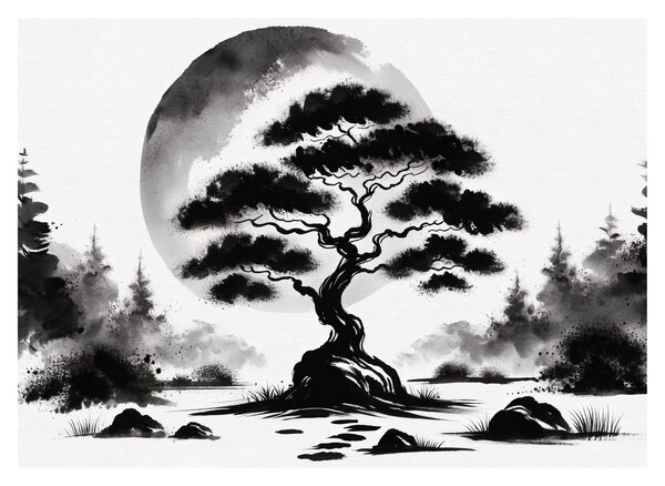 Obraz na szkle – Czarno-biały bonsai (70x50 cm)