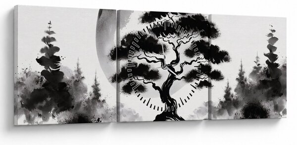 Obraz – Czarno-biały bonsai (z zegarem) (90x30 cm)