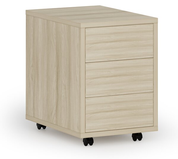 Kontenerek biurowy mobilny PRIMO WOOD, PUSH-lock, 3 szuflady, dąb naturalny