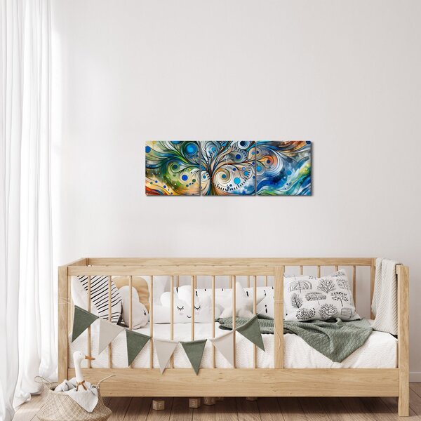 Obraz – Kolorowe energetyczne drzewo (z zegarem) (90x30 cm)