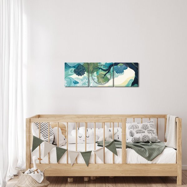 Obraz – Zielona korona drzewa życia (z zegarem) (90x30 cm)