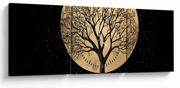 Obraz – Drzewo w złotej pełni księżyca I. (z zegarem) (90x30 cm)