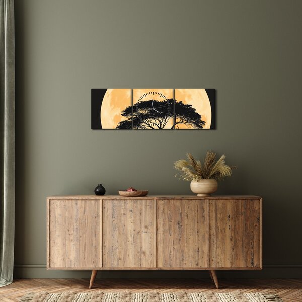 Obraz – Drzewo w złotej pełni księżyca II. (z zegarem) (90x30 cm)