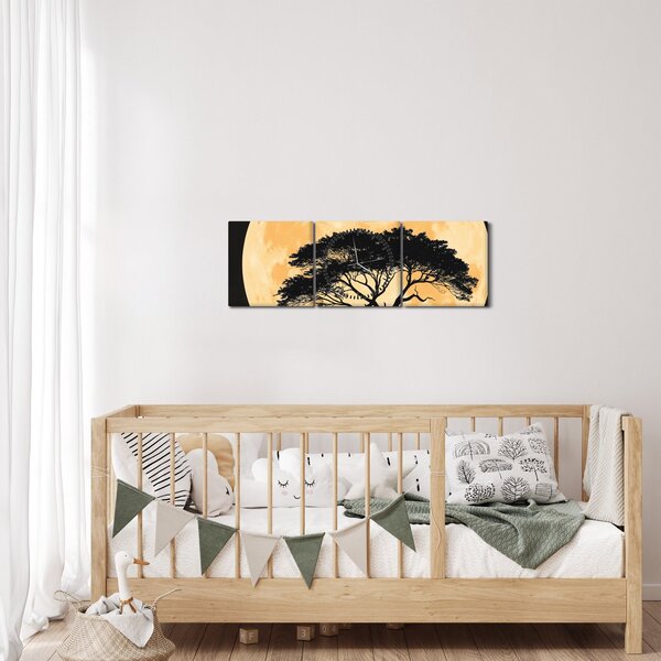 Obraz – Drzewo w złotej pełni księżyca II. (z zegarem) (90x30 cm)