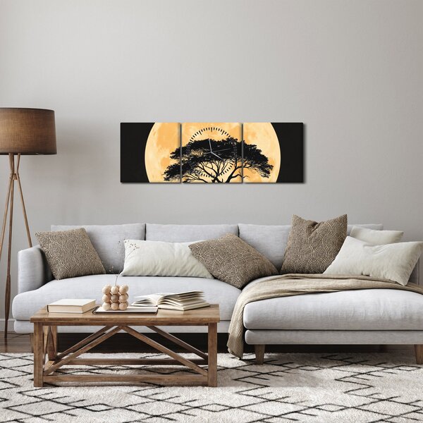 Obraz – Drzewo w złotej pełni księżyca II. (z zegarem) (90x30 cm)