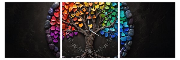 Obraz – Drzewo pełne kolorowych serc (z zegarem) (90x30 cm)