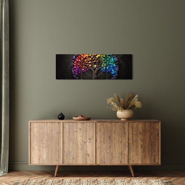 Obraz – Drzewo pełne kolorowych serc (z zegarem) (90x30 cm)