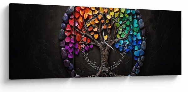 Obraz – Drzewo pełne kolorowych serc (z zegarem) (90x30 cm)