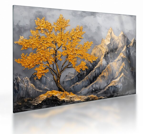 Obraz na szkle – Złote drzewo w górach (70x50 cm)
