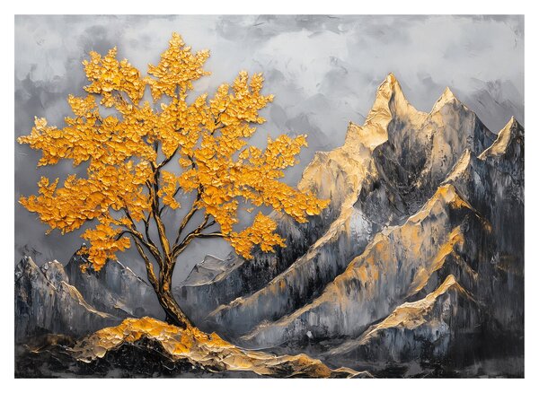 Obraz na szkle – Złote drzewo w górach (70x50 cm)