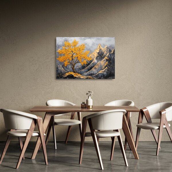 Obraz na szkle – Złote drzewo w górach (70x50 cm)