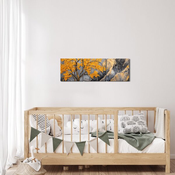 Obraz – Złote drzewo w górach (z zegarem) (90x30 cm)