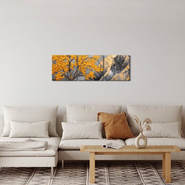 Obraz – Złote drzewo w górach (z zegarem) (90x30 cm)