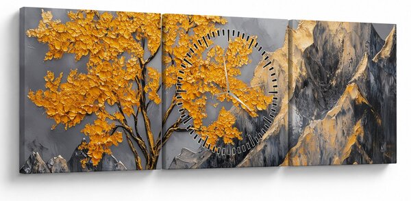 Obraz – Złote drzewo w górach (z zegarem) (90x30 cm)
