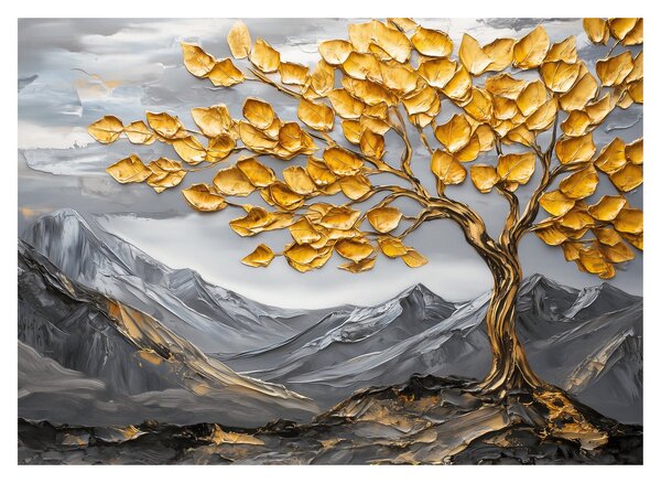 Obraz na szkle – Drzewo ze złotymi liśćmi (70x50 cm)
