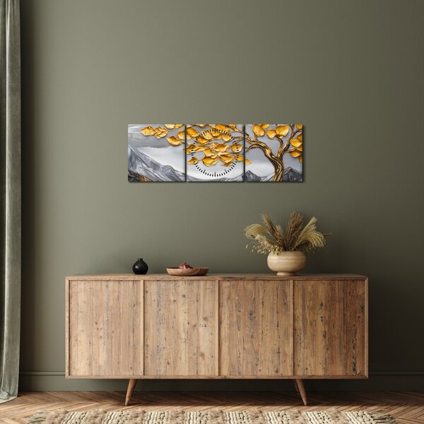 Obraz – Drzewo ze złotymi liśćmi (z zegarem) (90x30 cm)