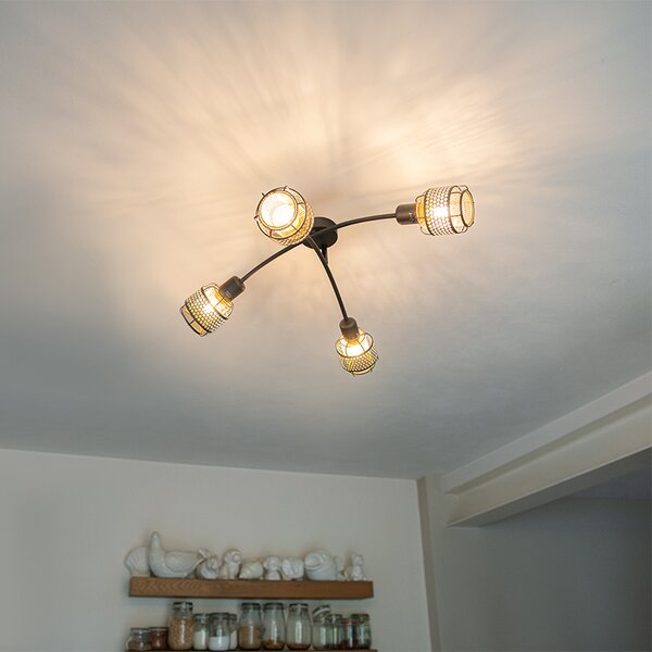 Designerska lampa sufitowa czarna ze złotem 4-światłowa - Noud