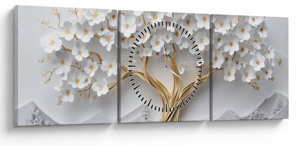 Obraz – Eleganckie drzewo życia 3D pełne kwiatów (z zegarem) (90x30 cm)