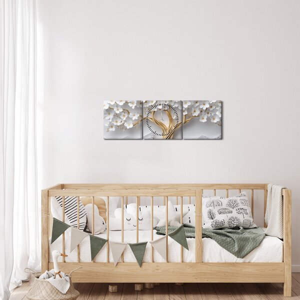 Obraz – Eleganckie drzewo życia 3D pełne kwiatów (z zegarem) (90x30 cm)