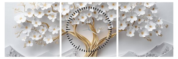 Obraz – Eleganckie drzewo życia 3D pełne kwiatów (z zegarem) (90x30 cm)