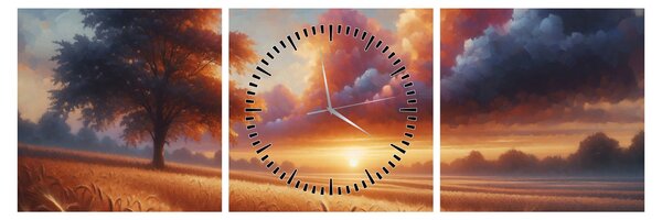 Obraz – Zachód słońca na polu (z zegarem) (90x30 cm)