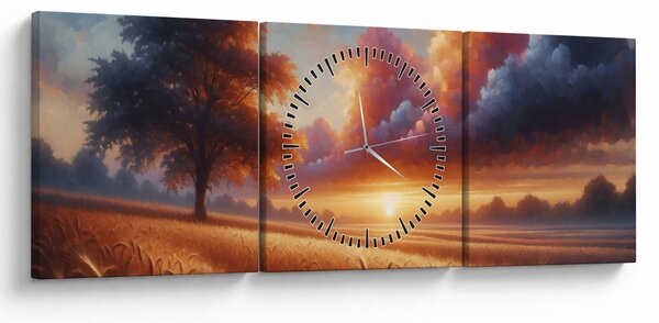 Obraz – Zachód słońca na polu (z zegarem) (90x30 cm)