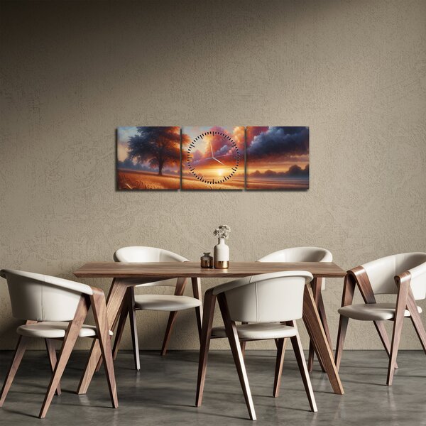 Obraz – Zachód słońca na polu (z zegarem) (90x30 cm)