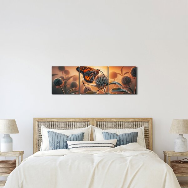 Obraz – Motyl w zachodzącym słońcu (z zegarem) (90x30 cm)