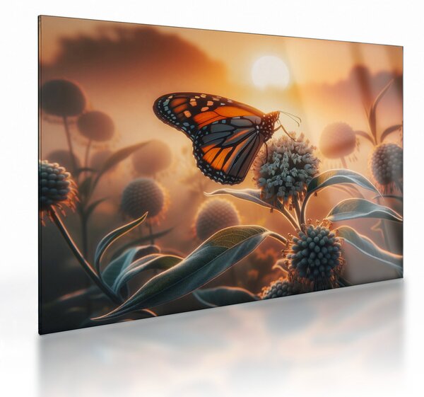 Obraz na szkle – Motyl w zachodzącym słońcu (70x50 cm)