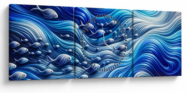 Obraz – Ryby w falach (z zegarem) (90x30 cm)