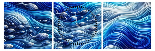 Obraz – Ryby w falach (z zegarem) (90x30 cm)