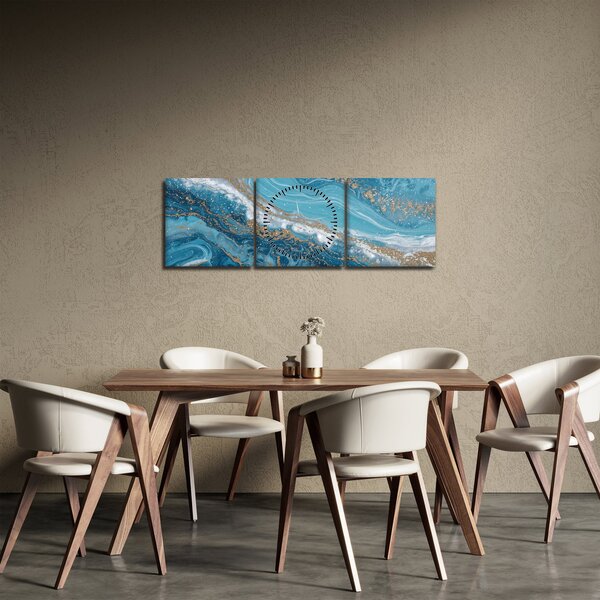 Obraz - Jasnoniebieski marmur ze złotem I. (z zegarem) (90x30 cm)