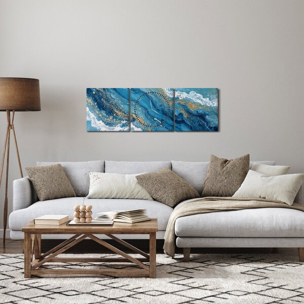 Obraz - Jasnoniebieski marmur ze złotem II. (z zegarem) (90x30 cm)