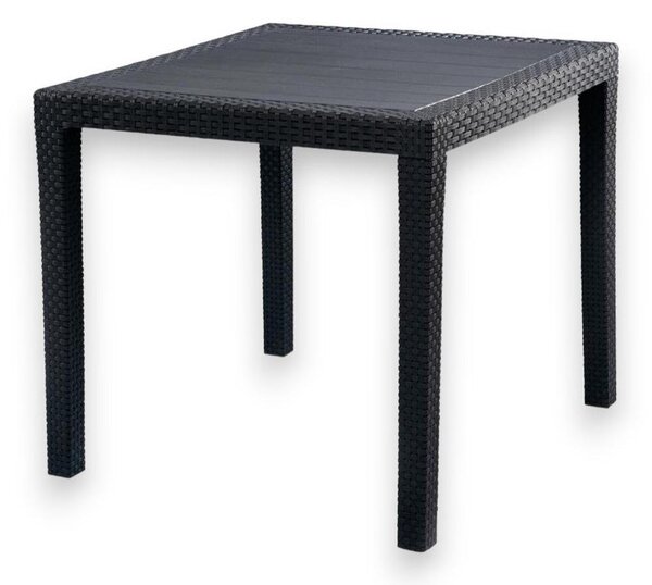 Kwadratowy stó ogrodowy 80 x 80 x 72 cm (wys.) z ywicy w kolorze antracytowym z obramowaniem imitujcym rattan, przeznaczony do lokali gastronomicznych i restauracji