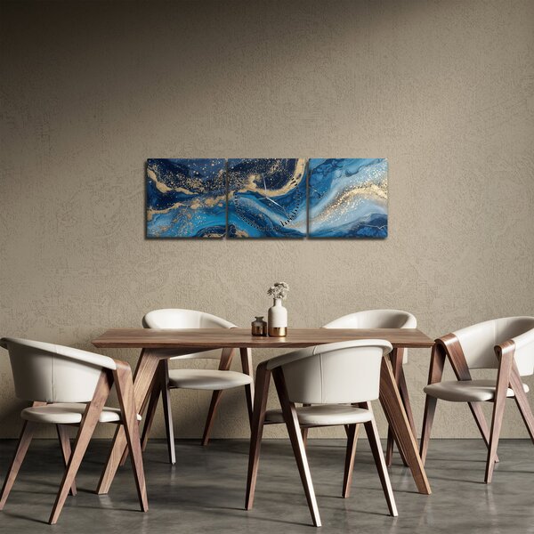 Obraz - Abstrakcyjny niebiesko-złoty marmur (z zegarem) (90x30 cm)