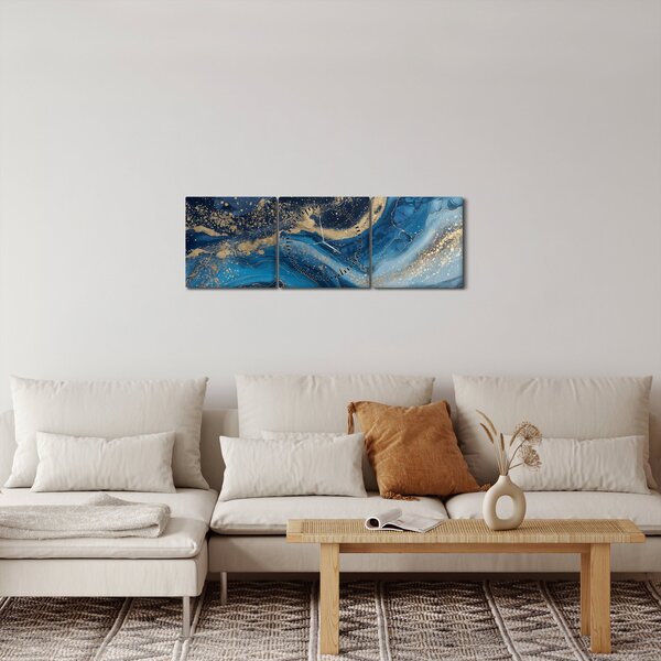 Obraz - Abstrakcyjny niebiesko-złoty marmur (z zegarem) (90x30 cm)