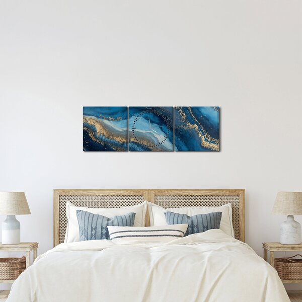 Obraz - Niebieska marmurowa abstrakcja (z zegarem) (90x30 cm)
