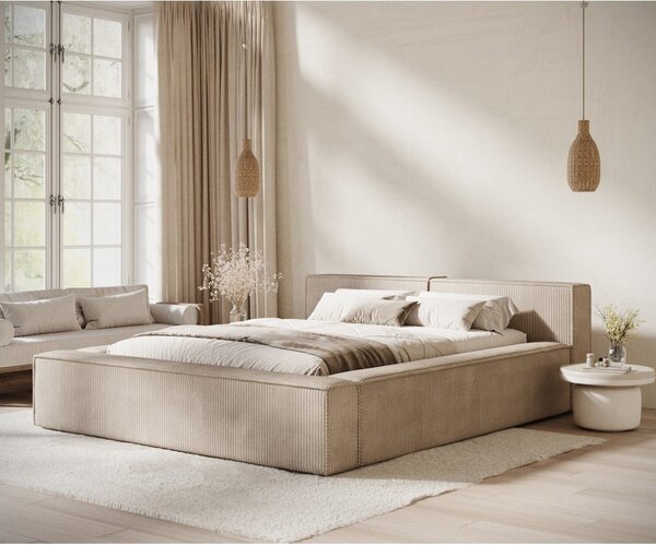 Beżowe tapicerowane łóżko dwuosobowe ze schowkiem i stelażem 140x200 cm Voliera – Maison de Rêve