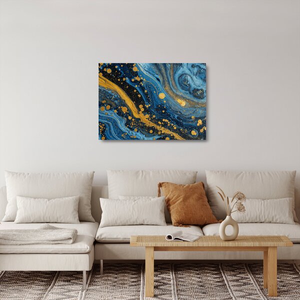 Obraz na szkle - Niebieska abstrakcja ze złotem (70x50 cm)
